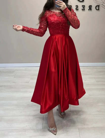 A-Line Evening Gown Sparkle Dress Formal Wedding Ankle Length Long Sleeve Jewel Neck Fall Wedding Guest Satin with Pearls Sequin-SOGOTADE