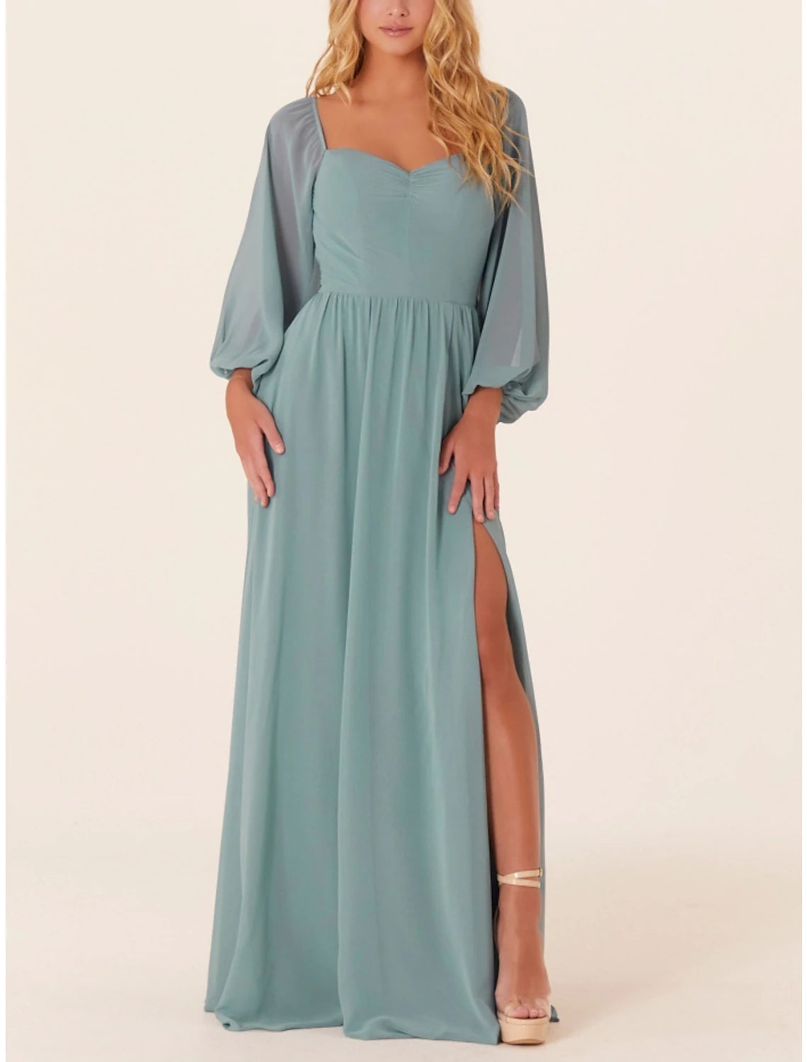 A-Line Bridesmaid Dress Square Neck Long Sleeve Elegant Sweep / Brush Train Chiffon with Split Front / Ruching-SOGOTADE