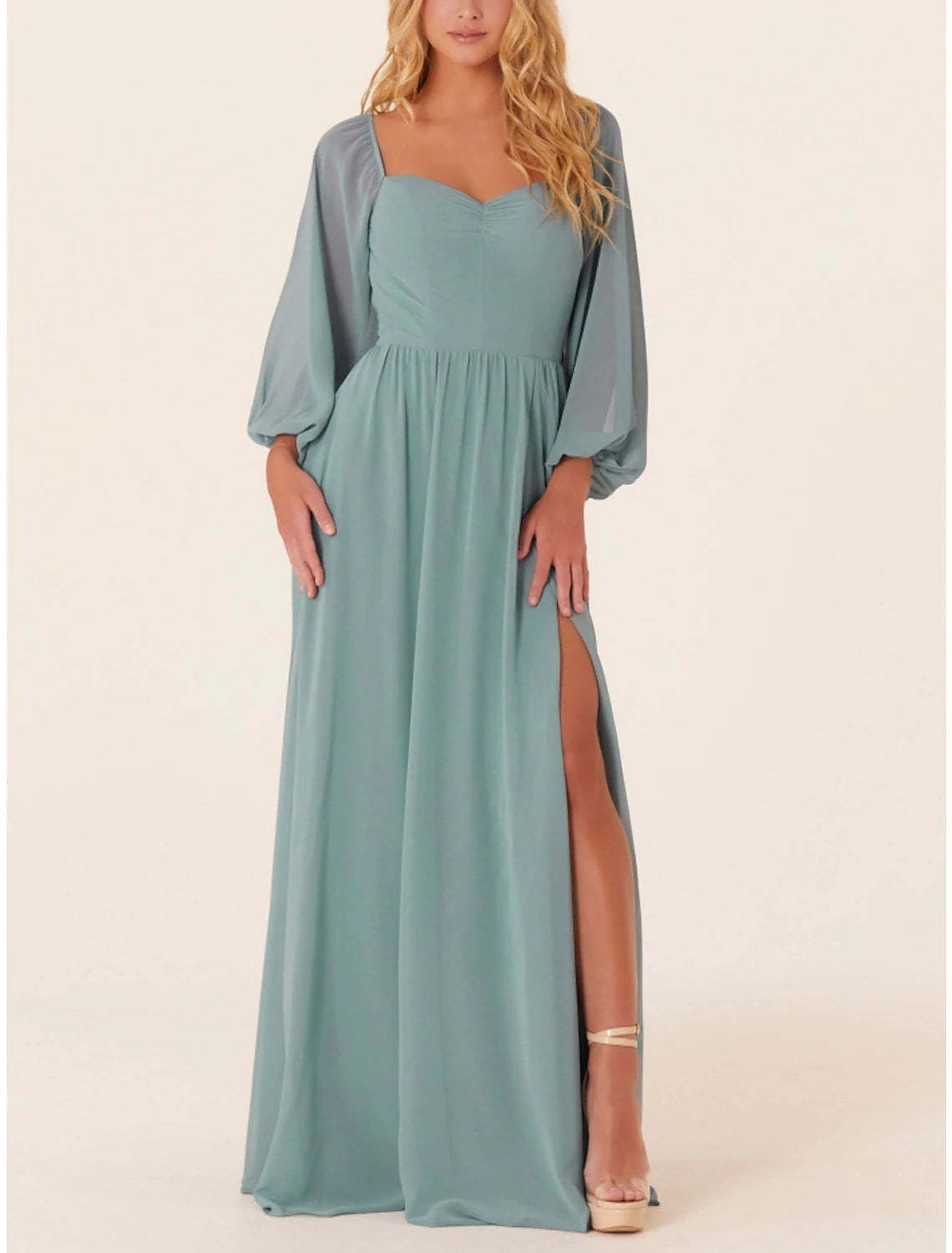 A-Line Bridesmaid Dress Square Neck Long Sleeve Elegant Sweep / Brush Train Chiffon with Split Front / Ruching-SOGOTADE