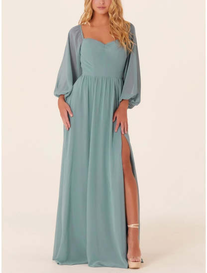 A-Line Bridesmaid Dress Square Neck Long Sleeve Elegant Sweep / Brush Train Chiffon with Split Front / Ruching-SOGOTADE