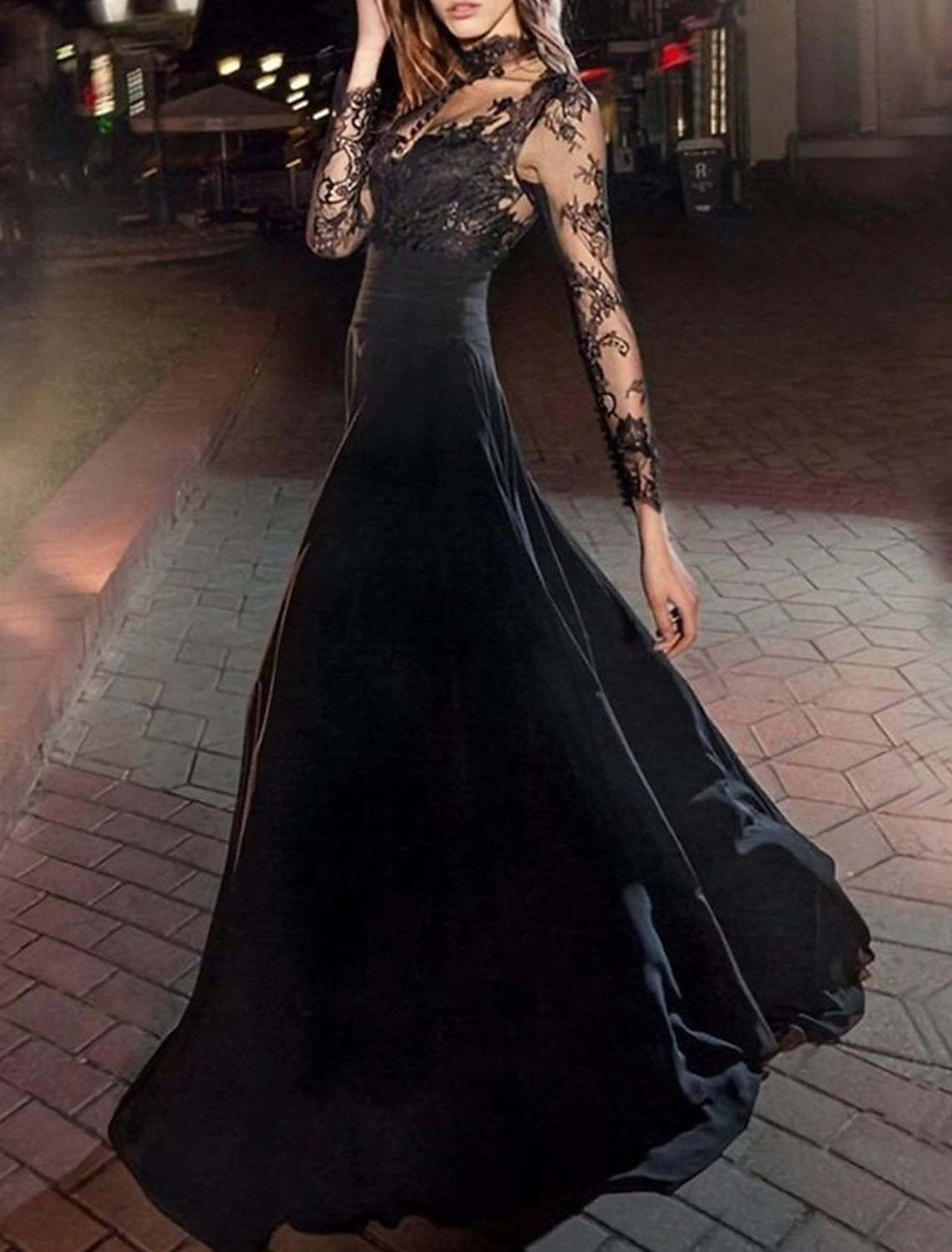 A-Line Evening Gown Vintage Dress Masquerade Floor Length Long Sleeve High Neck Black Dress Chiffon with Appliques-SOGOTADE