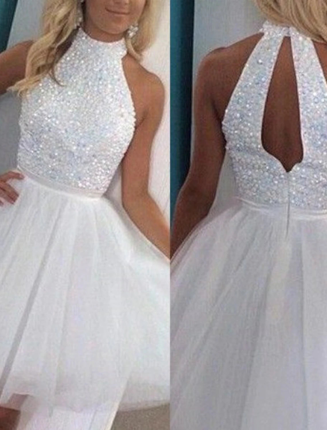 A-Line Homecoming Dresses Backless Dress Holiday Graduation Short / Mini Sleeveless Halter Neck Tulle with Glitter Beading-SOGOTADE
