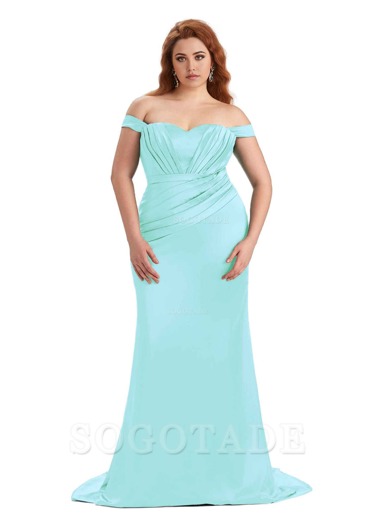 Sexy Mermaid Off The Shoulder Sweetheart Soft Satin Floor Length Long Plus Size Maid of Honor Dresses
