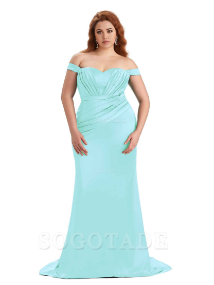 Sexy Mermaid Off The Shoulder Sweetheart Soft Satin Floor Length Long Plus Size Maid of Honor Dresses