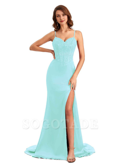 Sexy Side Slit Mermaid Silky Satin V-Neck Lace Unique Long Bridesmaid Dresses