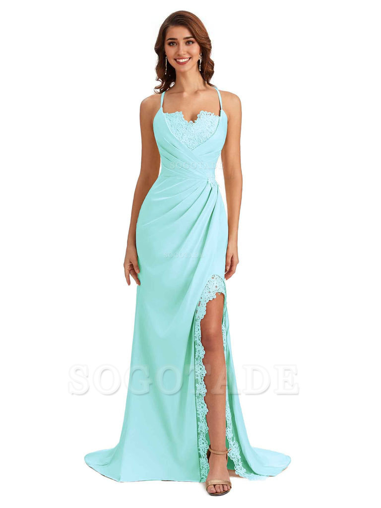 Sexy Side Slit Spaghetti Straps Lace Mermaid Silky Satin Wedding Guest Dresses