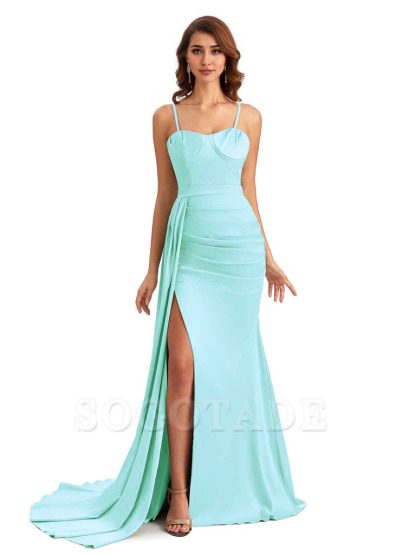 Sexy Spaghetti Straps Side Slit Mermaid Unique Long Bridesmaid Dresses In Satin