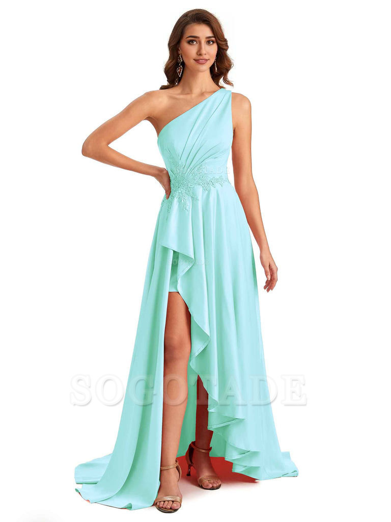 Sexy One Shoulder A-Line High Low Silky Satin Lace Long Formal Wedding Guest Dresses