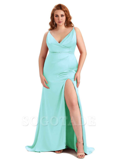 Sexy Side Slit Spaghetti Straps Mermaid Soft Satin Fashion Bridesmaid Dresses