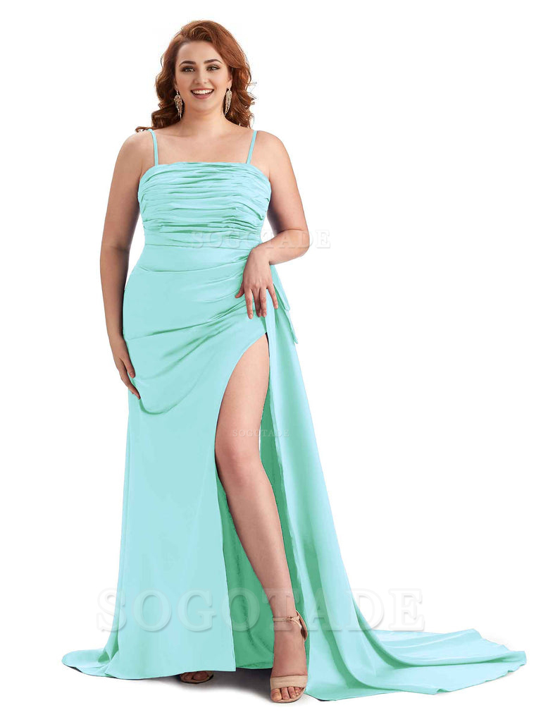 Sexy Side Slit Spaghetti Straps Mermaid Soft Satin Long Plus Size Bridesmaid Dresses Online