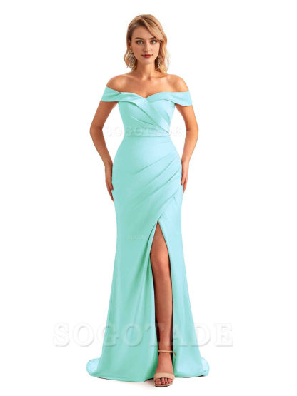 Off Shoulder Side Slit Mermaid Silky Satin Unique Long Formal Wedding Guest Dresses Online