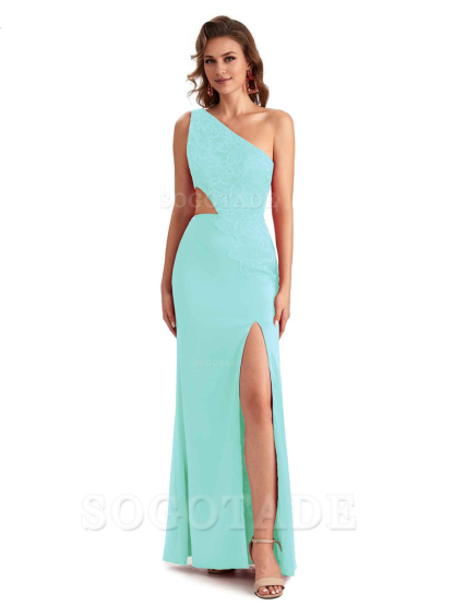 Sexy Side Slit Mermaid Lace Silky Satin One Shoulder Chic Long Bridesmaid Dresses