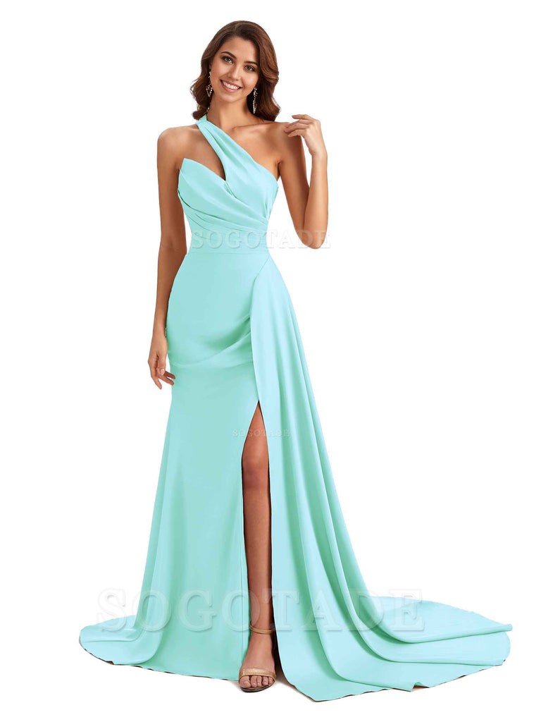 Mermaid One shoulder Satin formal dresses evening gown Bridesmaid Dresses With Side Slit 