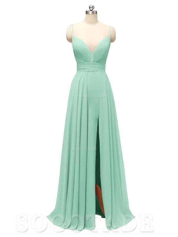 Honest Chiffon Spaghetti Straps Slit Long Bridesmaid Dresses prom shop dresses