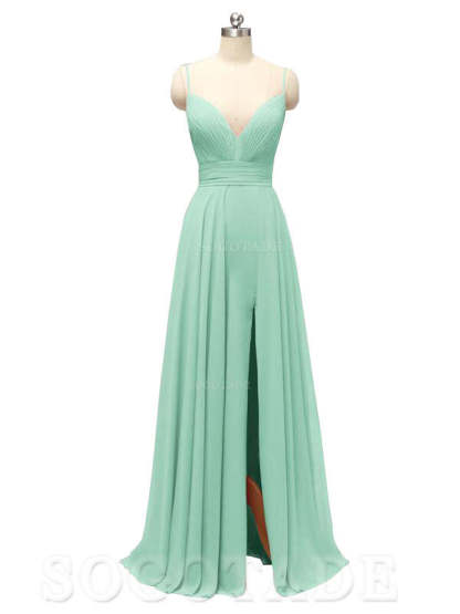 Honest Chiffon Spaghetti Straps Slit Long Bridesmaid Dresses prom shop dresses
