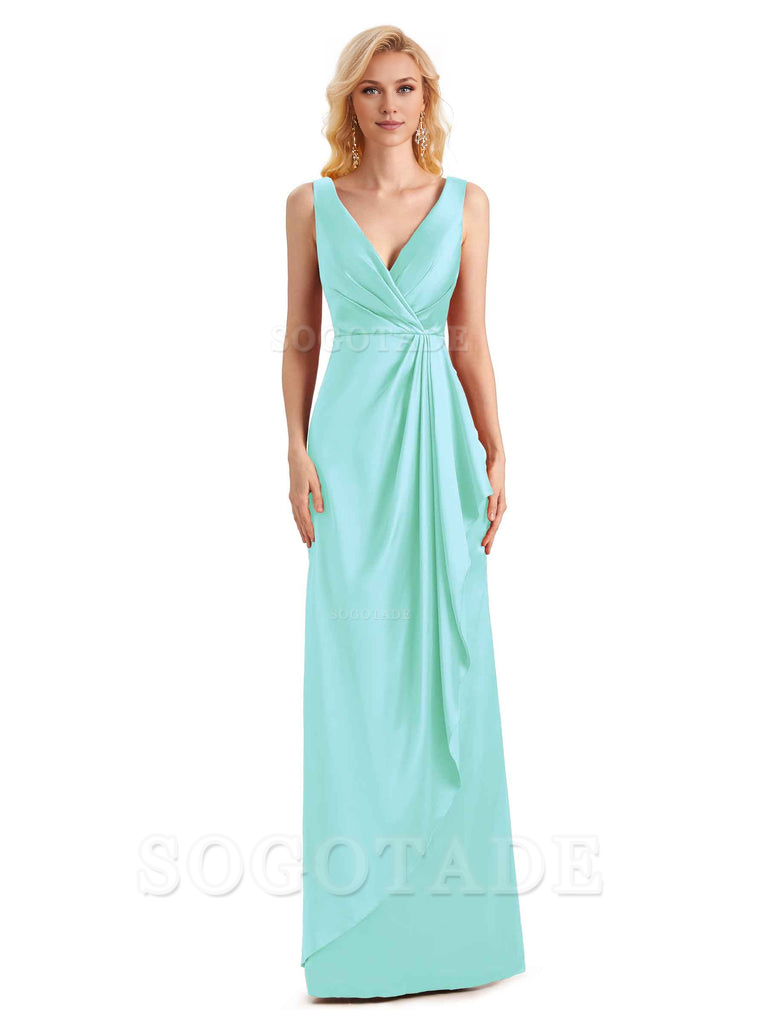 V Neck Elegant Soft Satin Formal Long Maid Bridesmaid Dresses Formal Wear Dresses