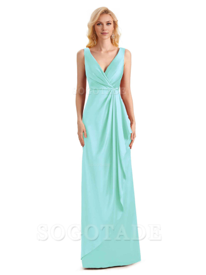 V Neck Elegant Soft Satin Formal Long Maid Bridesmaid Dresses Formal Wear Dresses