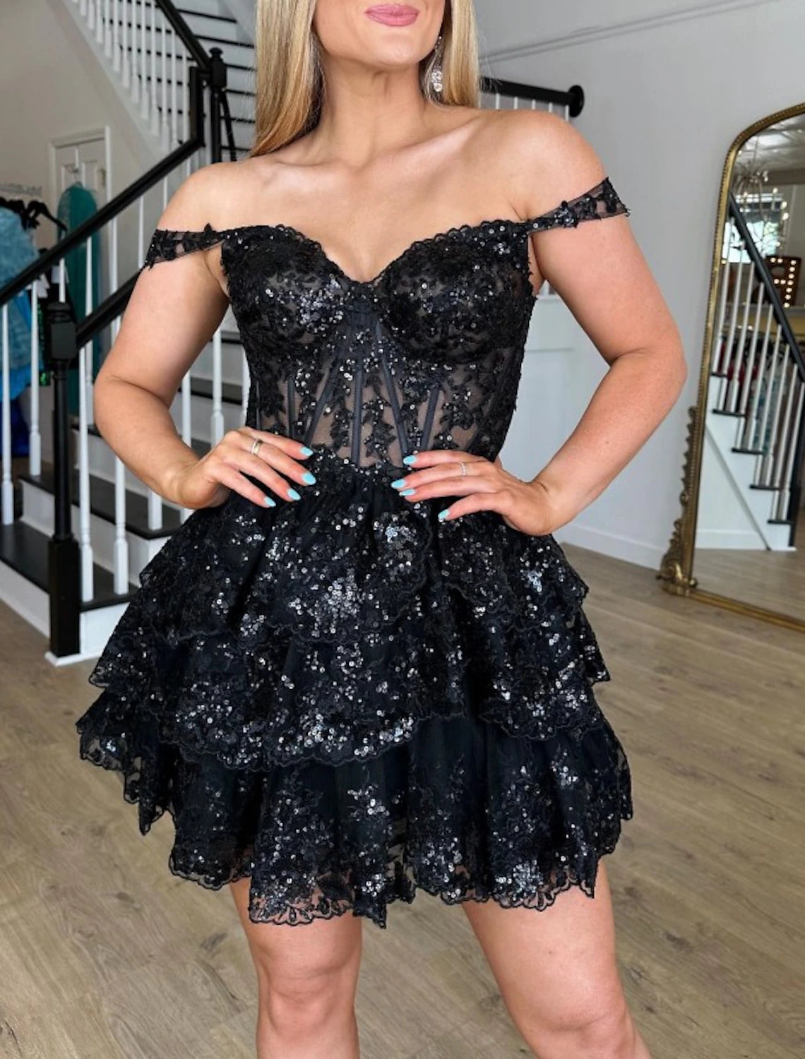 A-Line Homecoming Dresses Black Dress Dress Graduation Cocktail Party Short / Mini Sleeveless Off Shoulder Lace with Appliques-SOGOTADE