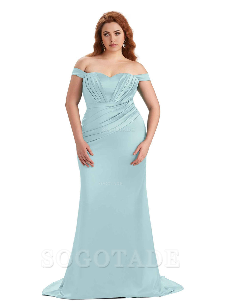 Sexy Mermaid Off The Shoulder Sweetheart Soft Satin Floor Length Long Plus Size Maid of Honor Dresses