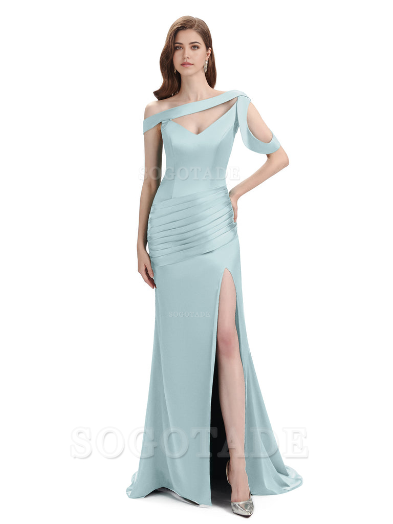 Mermaid V-Neck Satin Floor-Length formal dresses evening gown Bridesmaid Dresses With Side Slit 