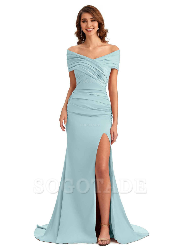 Sexy Off The Shoulder Side Slit Mermaid Satin Unique Long Formal Wedding Guest Dresses