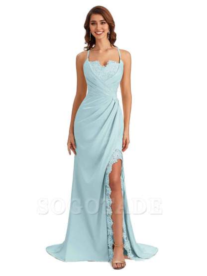 Sexy Side Slit Spaghetti Straps Lace Mermaid Silky Satin Wedding Guest Dresses