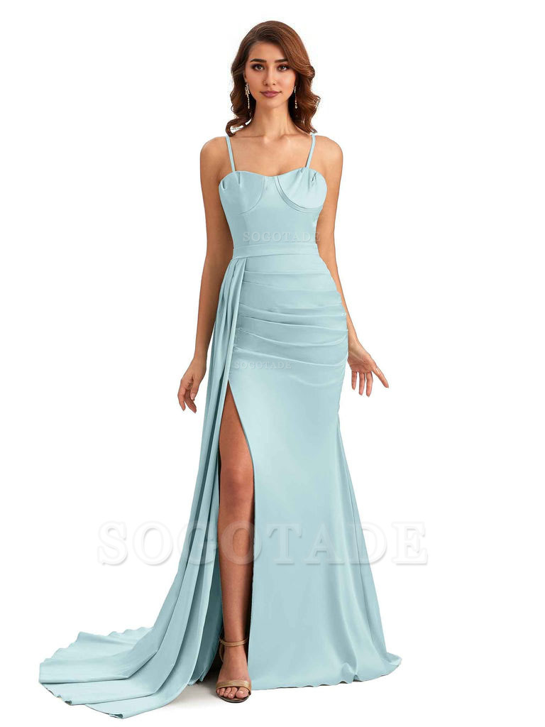 Sexy Spaghetti Straps Side Slit Mermaid Unique Long Bridesmaid Dresses In Satin