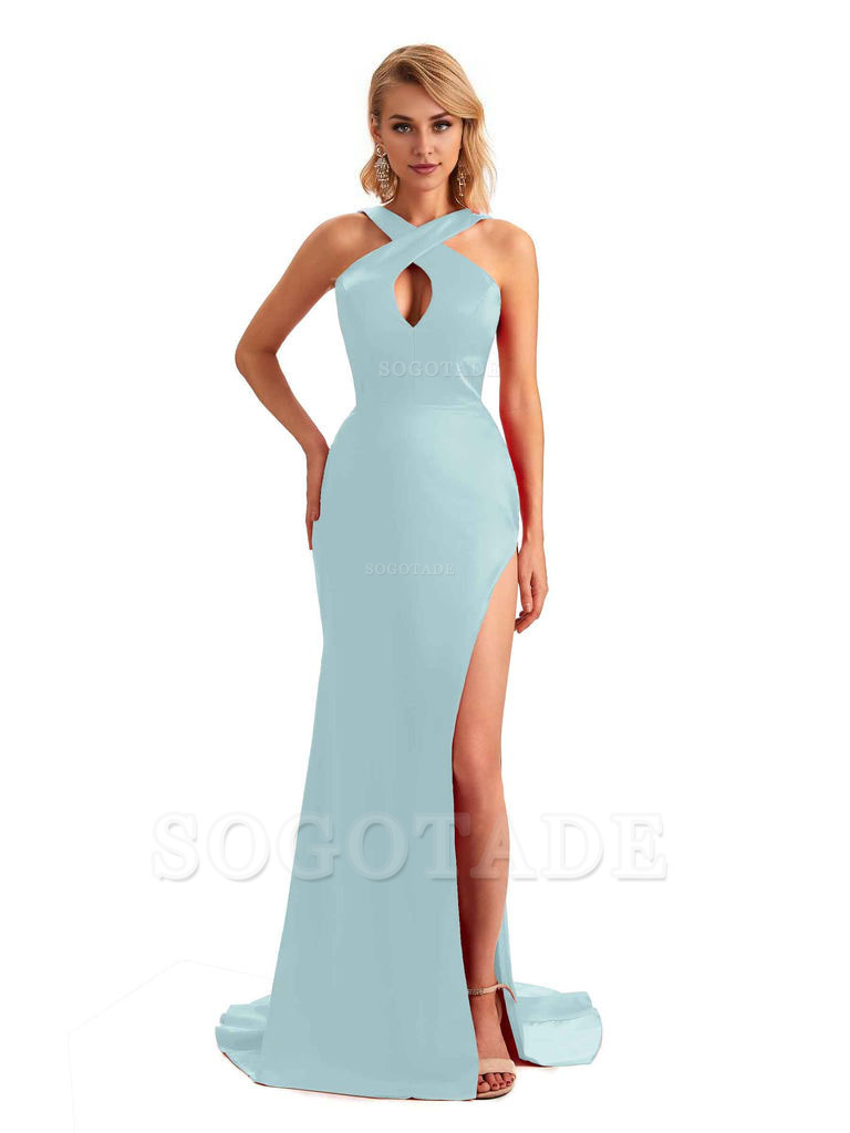 Sexy Side Slit Halter Mermaid Silky Satin Unique Long Formal Wedding Bridesmaid Dresses