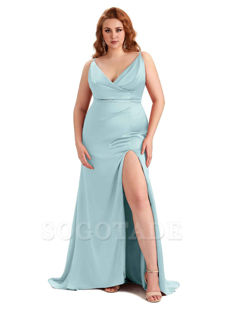 Sexy Side Slit Spaghetti Straps Mermaid Soft Satin Fashion Bridesmaid Dresses