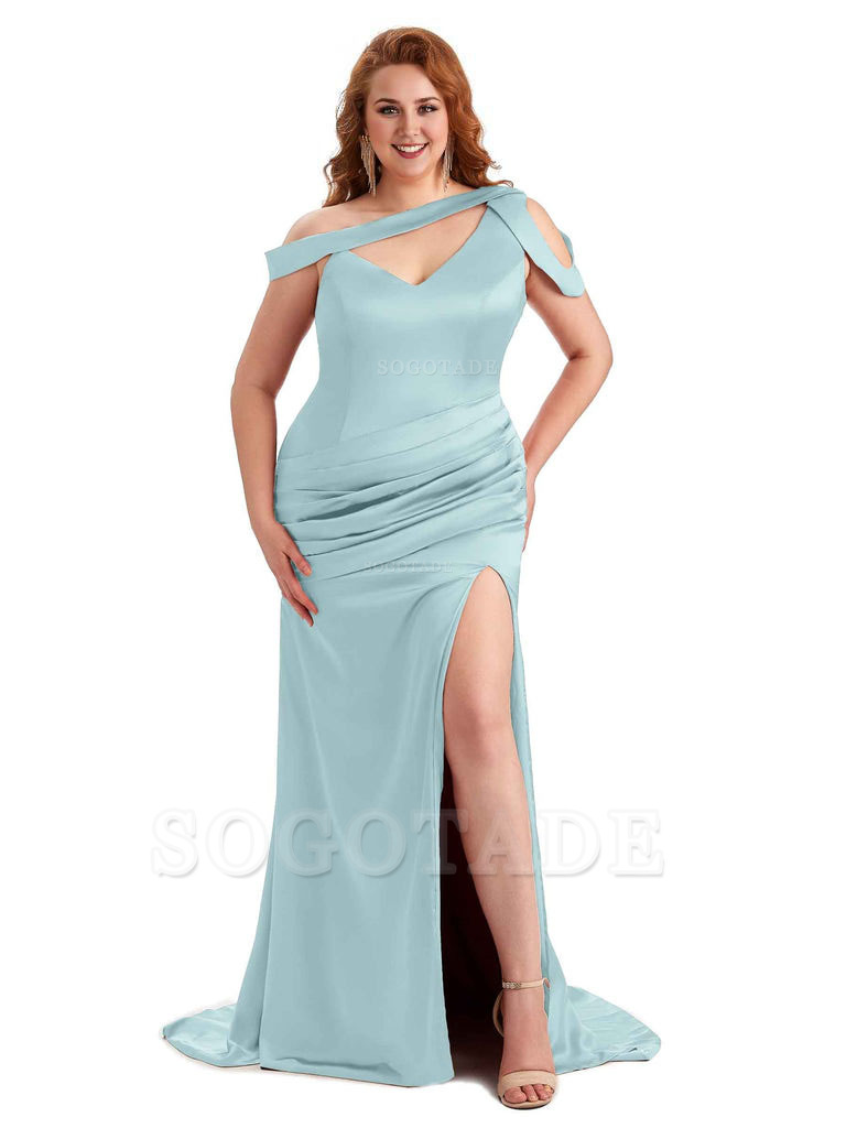 Sexy V-Neck Side Slit Unique Mermaid Soft Satin Long Plus Size Bridesmaid Dress For Wedding