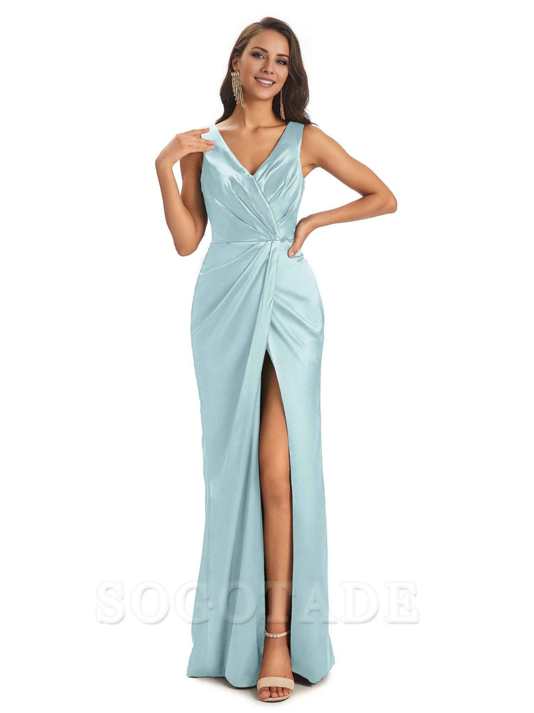 V-Neck Unique Long Satin Bridesmaid Dresses with Front Slit