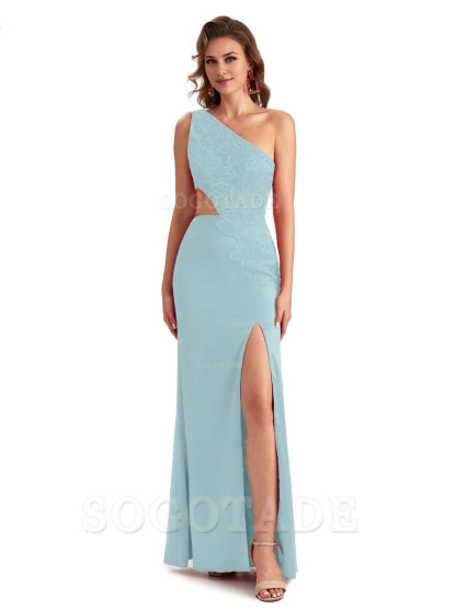 Sexy Side Slit Mermaid Lace Silky Satin One Shoulder Chic Long Bridesmaid Dresses