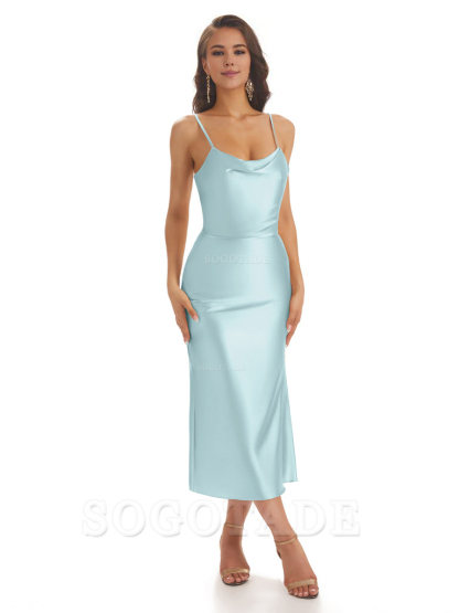 Sexy Soft Satin Spaghetti Strap Tea-Length Midi Short Bridesmaid Dresses prom shop dresses