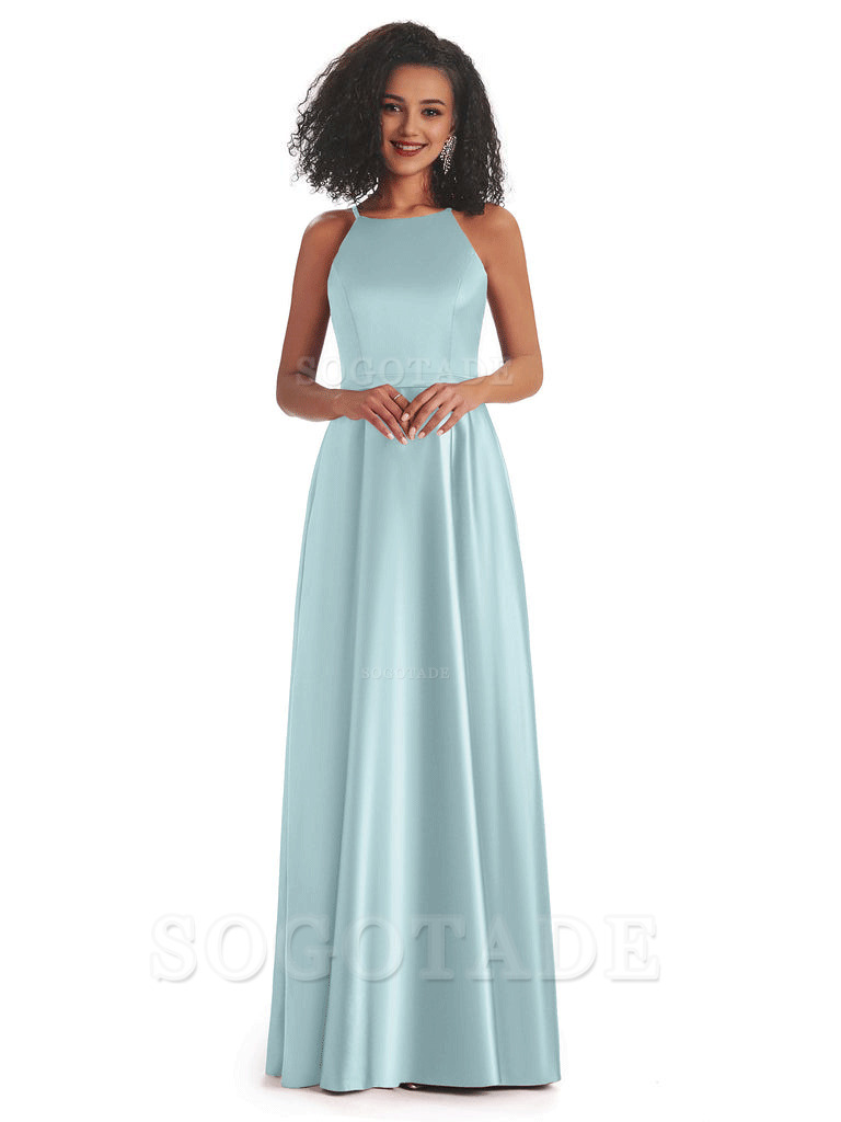 Soft Satin A-Line Halter Floor-Length Modern African Bridesmaid Dresses