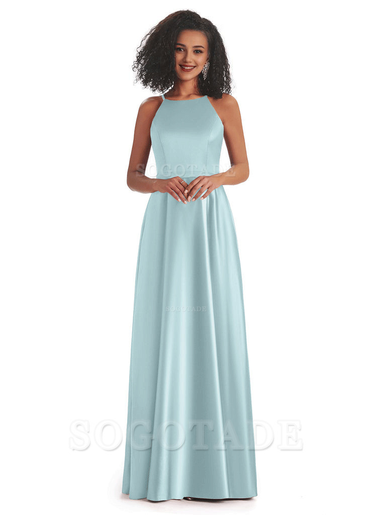 Soft Satin A-Line Halter Floor-Length Modern African Bridesmaid Dresses