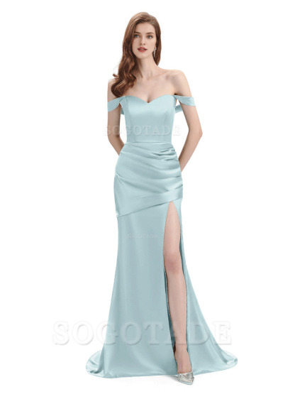 Sexy Soft Satin Side Hight Slit Off The Shoulder Floor-Length Mermaid Bridesmaid Dresses