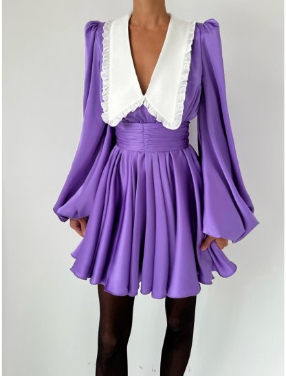 A-Line Homecoming Dresses Vintage Dress Homecoming Short / Mini Black Dress Long Sleeve V Neck Satin with Pleats Ruched Ruffles-SOGOTADE