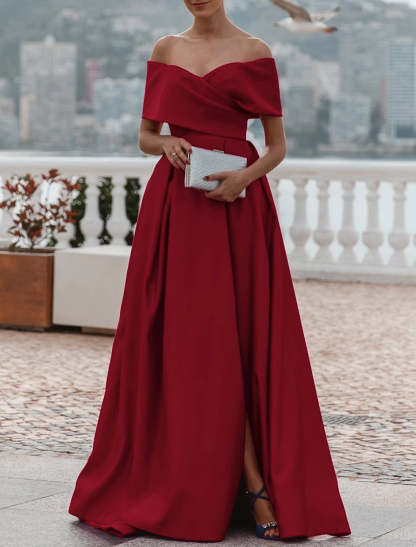 A-Line Evening Gown Party Dress Celebrity Style Dress Formal Wedding Court Train Sleeveless Off Shoulder Bridesmaid Dress Satin with Ruched Slit-SOGOTADE