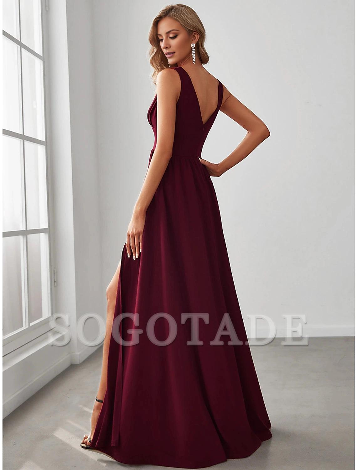 A-Line Prom Party Dress High Split Dress Wedding Guest Formal Evening Floor Length Sleeveless V Neck Bridesmaid Dress Chiffon V Back with Slit Pure Color