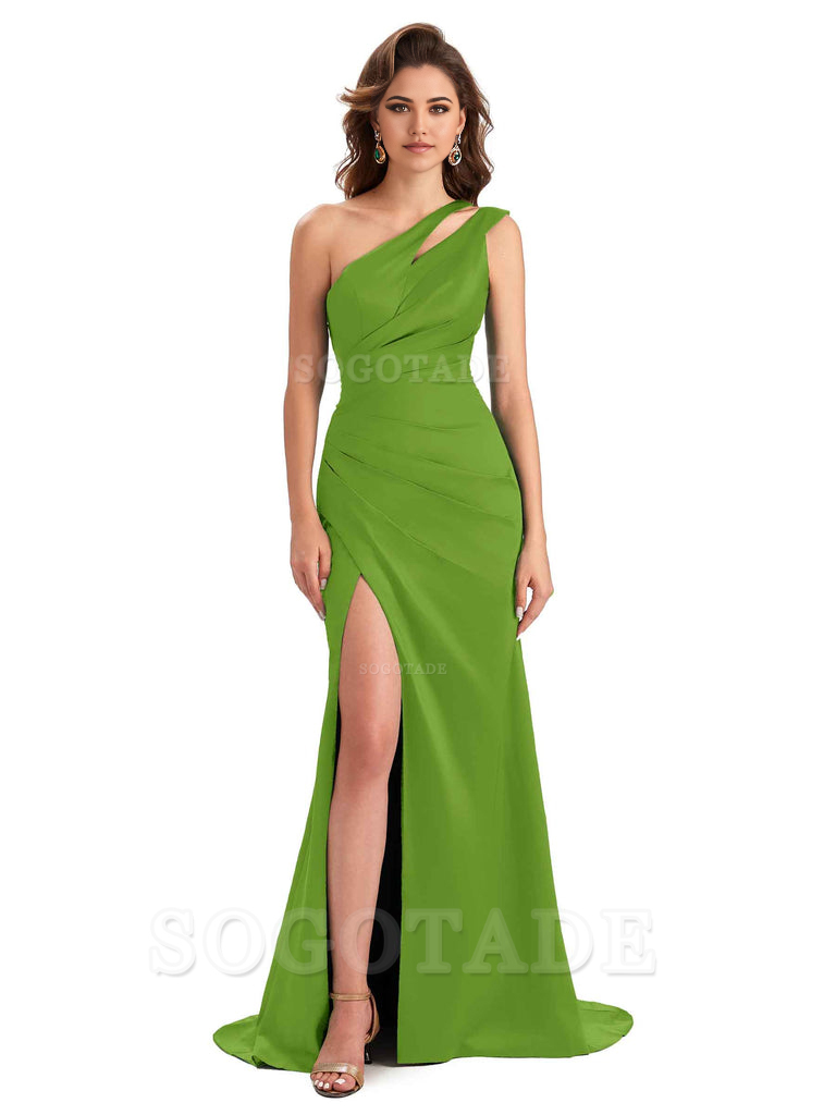 Mermaid One Shoulder Satin Sexy formal dresses evening gown Bridesmaid Dresses With Side Slit 