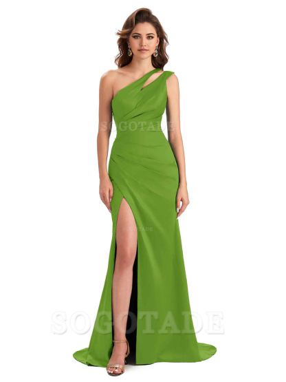 Mermaid One Shoulder Satin Sexy formal dresses evening gown Bridesmaid Dresses With Side Slit 