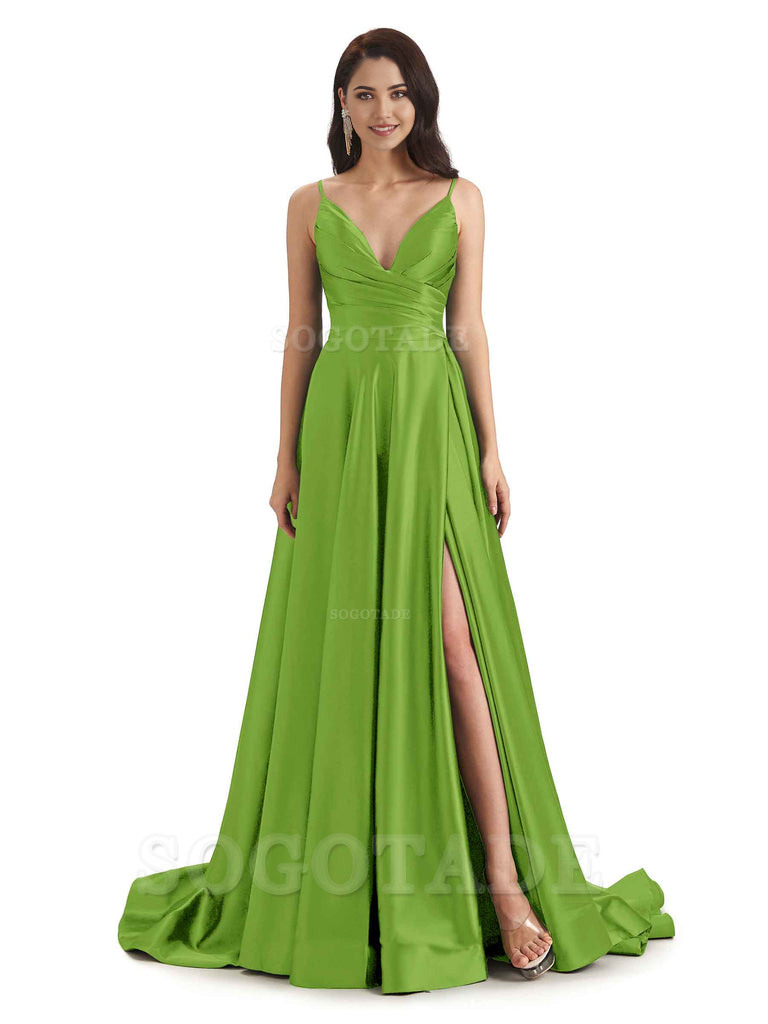 Spaghetti Straps Satin formal dresses evening gown Bridesmaid Dresses With Side Slit 