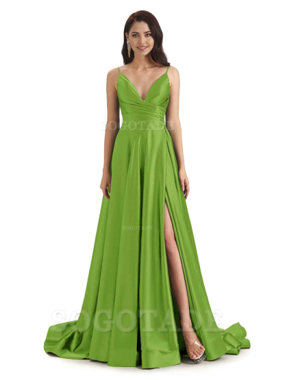 Spaghetti Straps Satin formal dresses evening gown Bridesmaid Dresses With Side Slit 