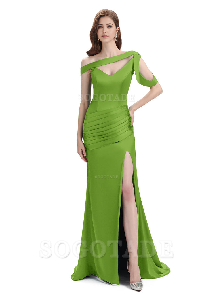 Mermaid V-Neck Satin Floor-Length formal dresses evening gown Bridesmaid Dresses With Side Slit 