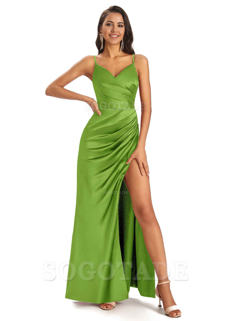 Sheath V-Neck Spaghetti Straps formal dresses evening gown Bridesmaid Dresses With Side Slit 
