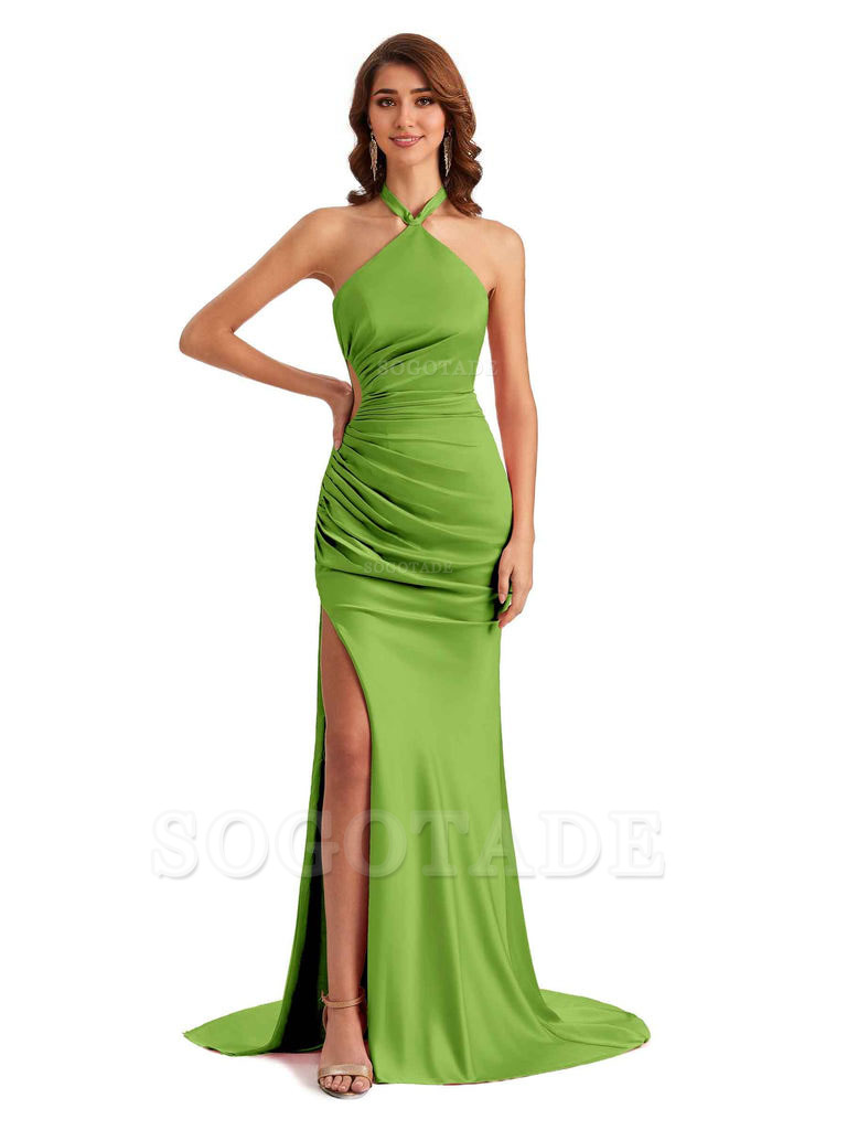 Sexy Halter Mermaid Silky Satin Unique Long Formal Wedding Guest Dresses