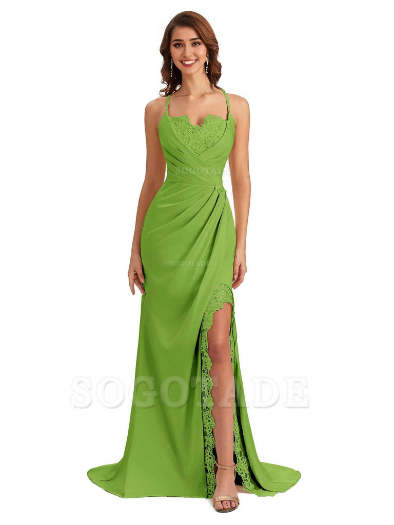 Sexy Side Slit Spaghetti Straps Lace Mermaid Silky Satin Wedding Guest Dresses