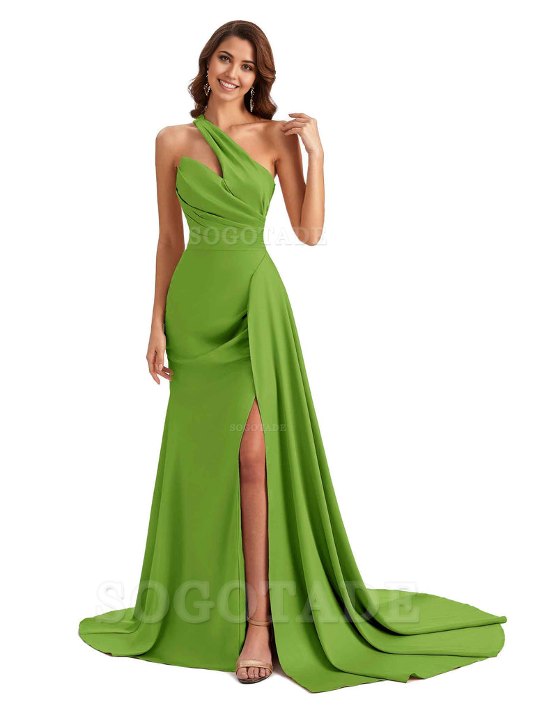 Mermaid One shoulder Satin formal dresses evening gown Bridesmaid Dresses With Side Slit 