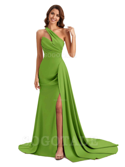 Mermaid One shoulder Satin formal dresses evening gown Bridesmaid Dresses With Side Slit 