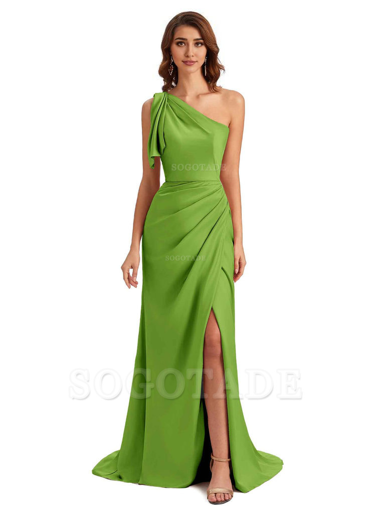 Sexy One Shoulder Mermaid Side Slit Unique Silky Satin Bridesmaid Dresses 